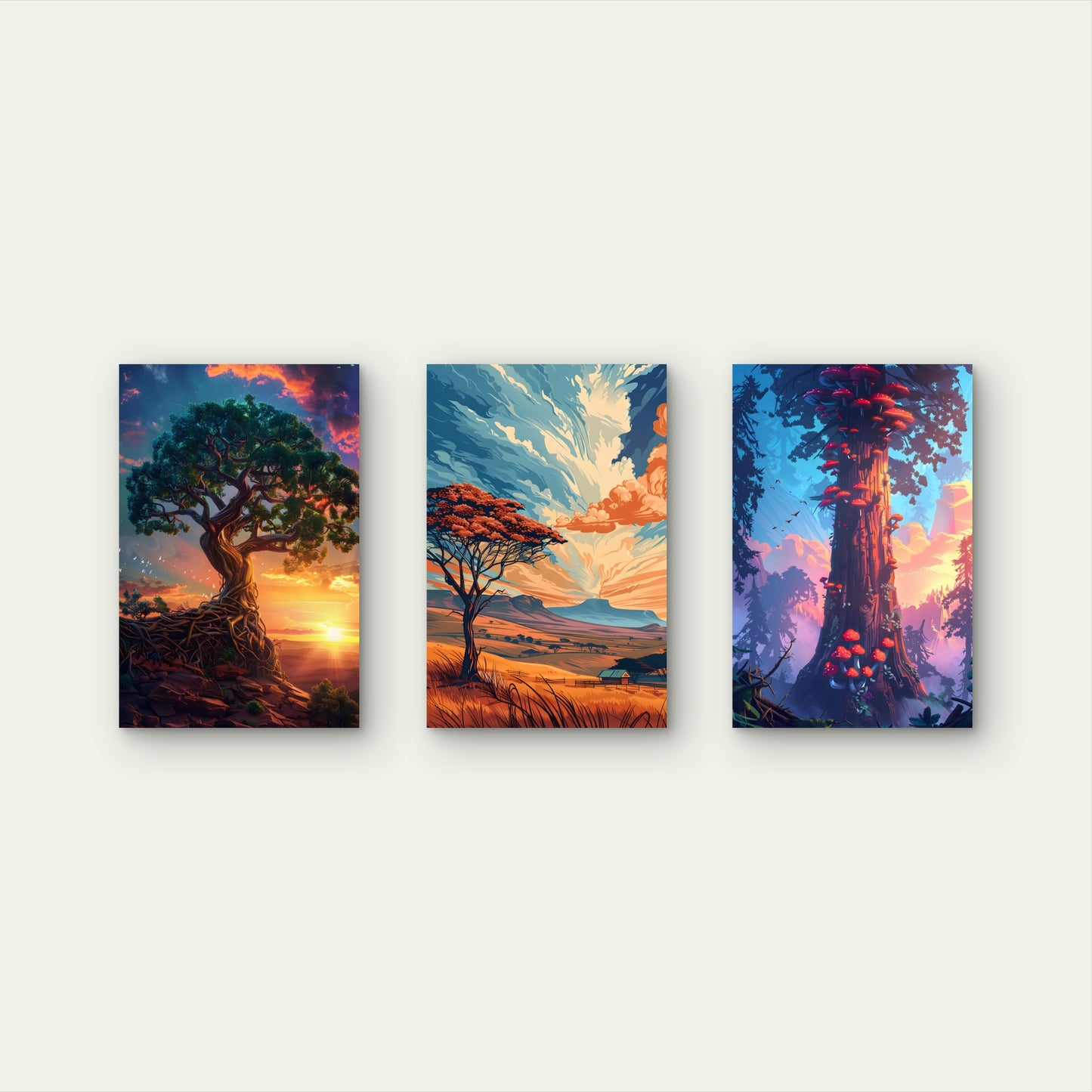 3pcs Colorful Fantasy Forest Tree Sunset Wall Art Set Canvas Framed 40x60cm - High Quality Print 100% Australian Made Wall Canvas Ready to Hang