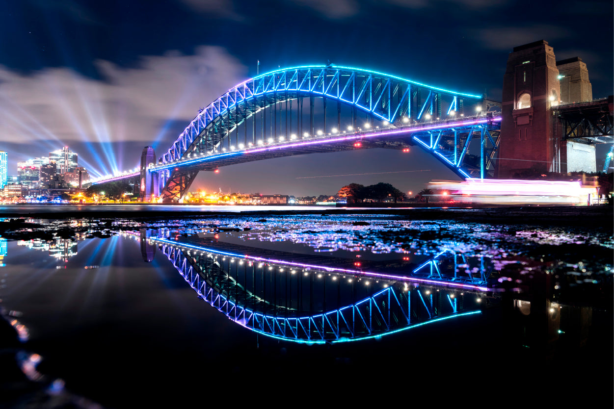 Night View of Vivid Sydney Harbour Bridge Wall Art Decor 100% Australian Made