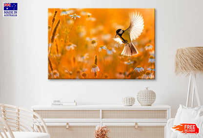 Little Bird Yellow Tit Flies Over a Field  Wall Art Decor 100% Australian Made