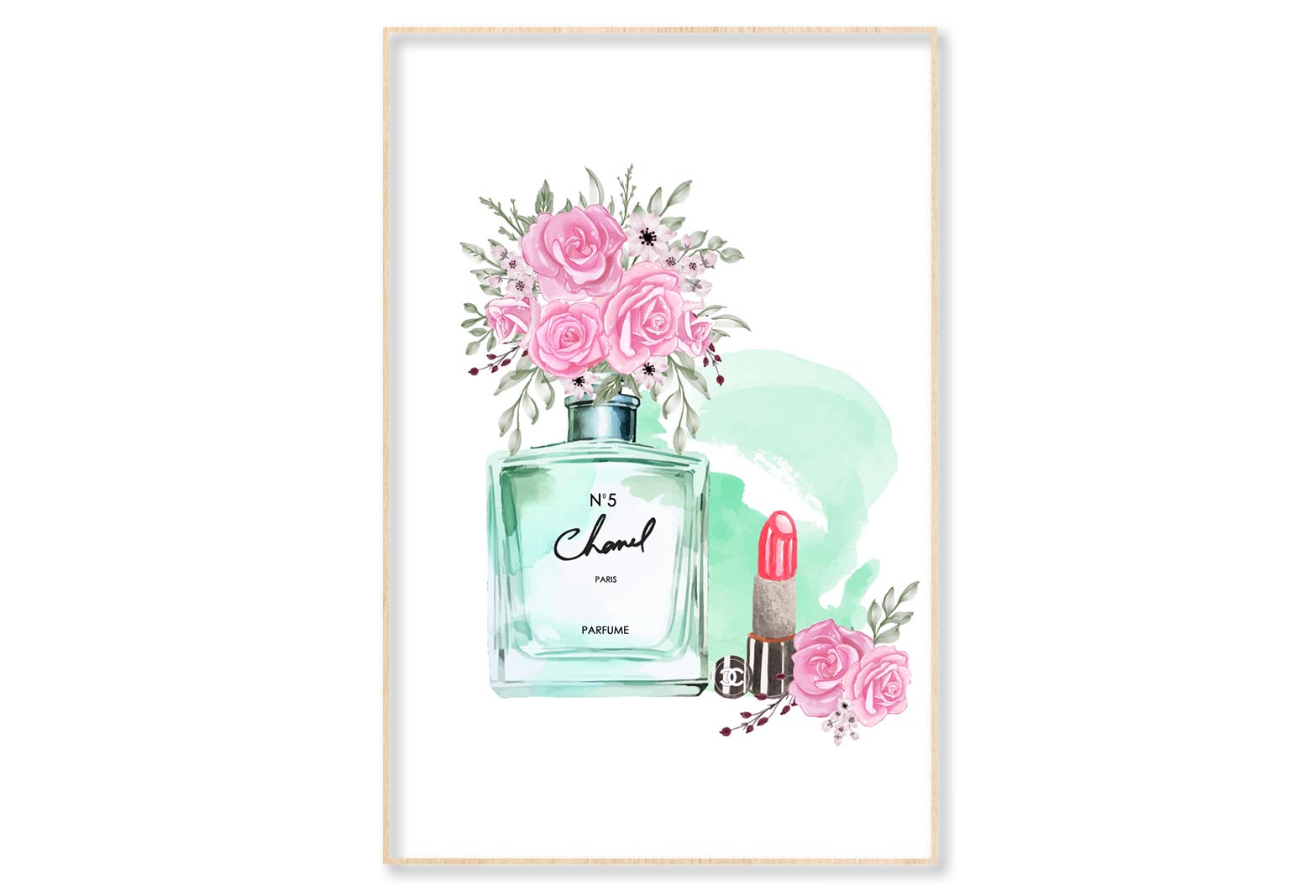 Green Perfume with Lipstick Wall Art Limited Edition High Quality Print Canvas Box Framed Natural