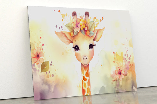 Baby Giraffe in Flower Blossom Garden Acrylic Glass Print Tempered Glass Wall Art 100% Made in Australia Ready to Hang