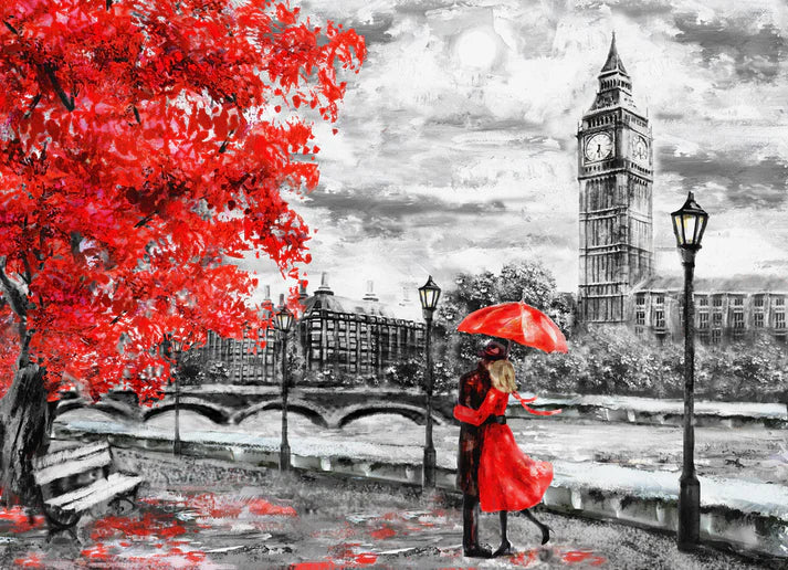 Couple Near Big Ben , Red Floral Painting 90x60cm Print 100% Australian Made