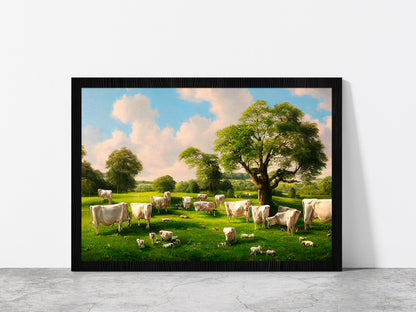 Countryside In Summer With Dairy Cows Eating In The Shade Of A Tree Glass Framed Wall Art, Ready to Hang Quality Print Without White Border Black