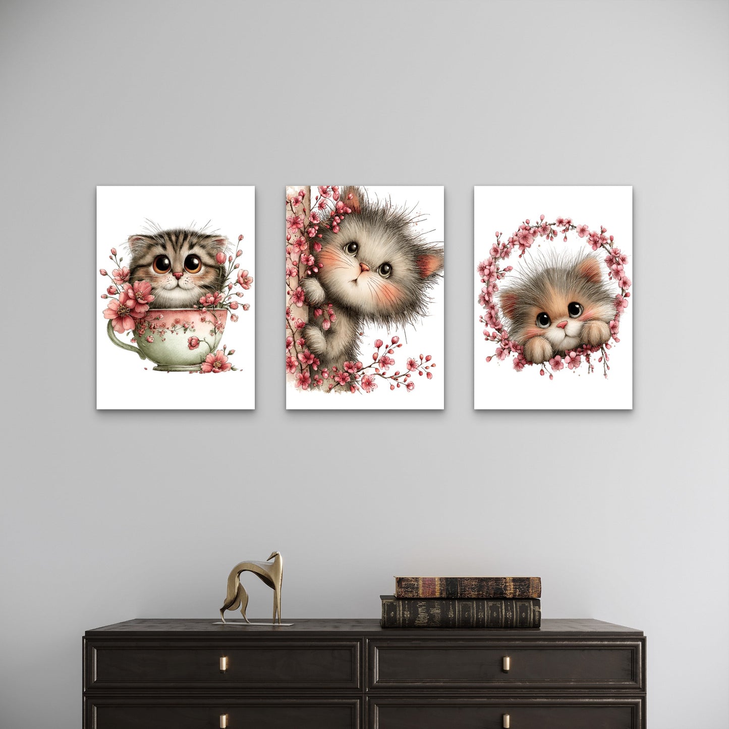 3pcs Sakura Cherry Blossom Cats Wall Art Set Canvas Framed 40x60cm - High Quality Print 100% Australian Made Wall Canvas Ready to Hang