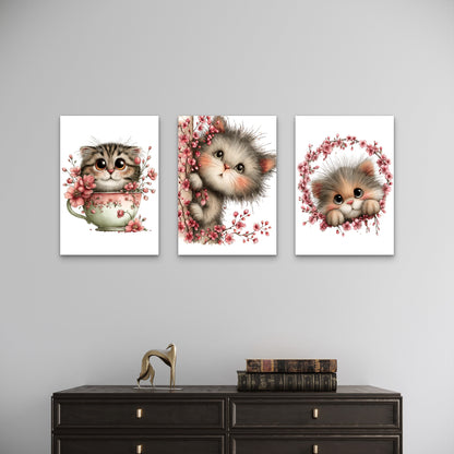 3pcs Sakura Cherry Blossom Cats Wall Art Set Canvas Framed 40x60cm - High Quality Print 100% Australian Made Wall Canvas Ready to Hang