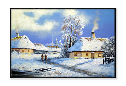 Old Village Houses & Church in Winter Oil Painting Wall Art Limited Edition High Quality Print Canvas Box Framed Black