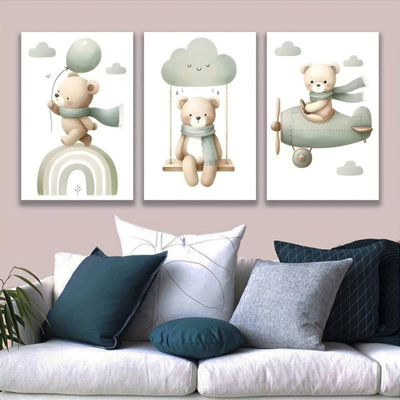 3pcs Charming Cloud Swing an Adorable Bear Wall Art Set Canvas Framed 60x90cm - High Quality Print 100% Australian Made Wall Canvas Ready to Hang - Bella Home Decor