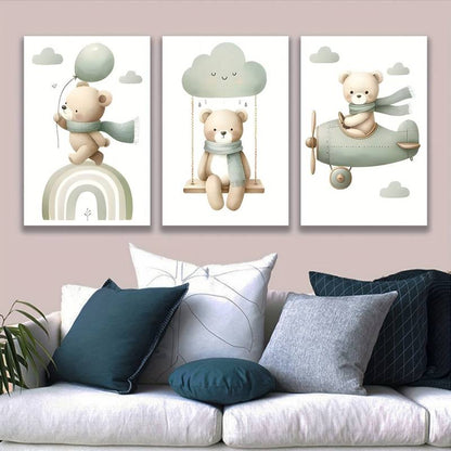 3pcs Charming Cloud Swing an Adorable Bear Wall Art Set Canvas Framed 60x90cm - High Quality Print 100% Australian Made Wall Canvas Ready to Hang - Bella Home Decor