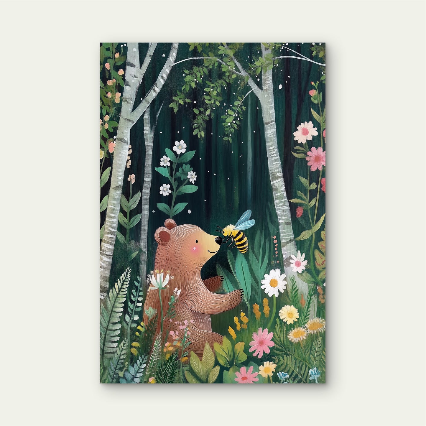Cute Bear Bee Forest Wildflowers Nursery 40x60cm Metal Print Ready to Hang