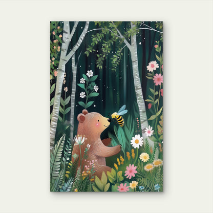 Cute Bear Bee Forest Wildflowers Nursery 40x60cm Metal Print Ready to Hang
