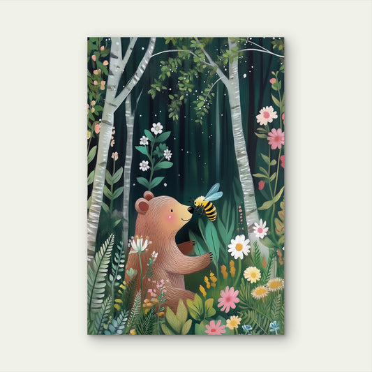 Cute Bear Bee Forest Wildflowers Nursery 40x60cm Metal Print Ready to Hang