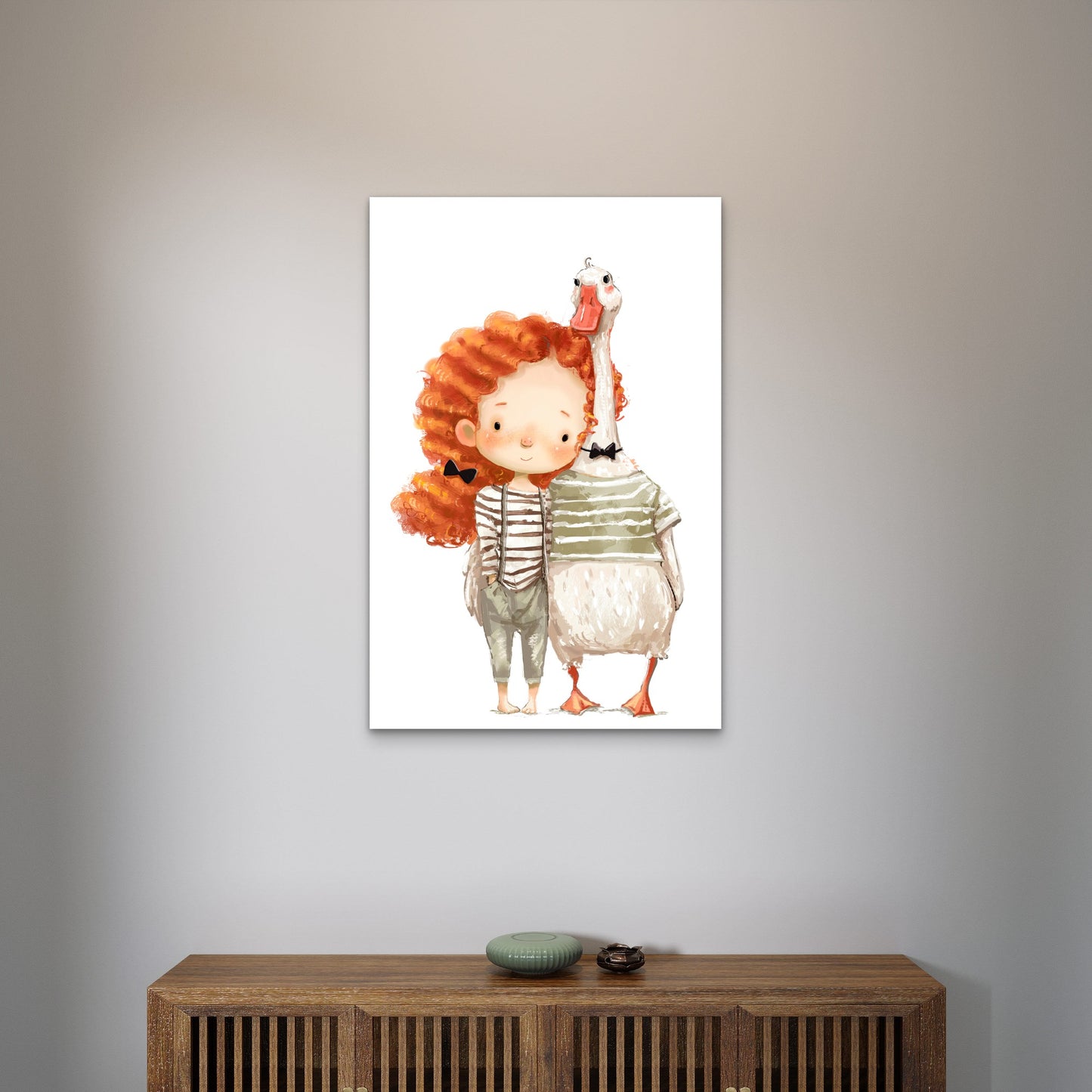 Red Hair Girl and Pet Goose 60x90cm Metal Print Ready to Hang - Bella Home Decor