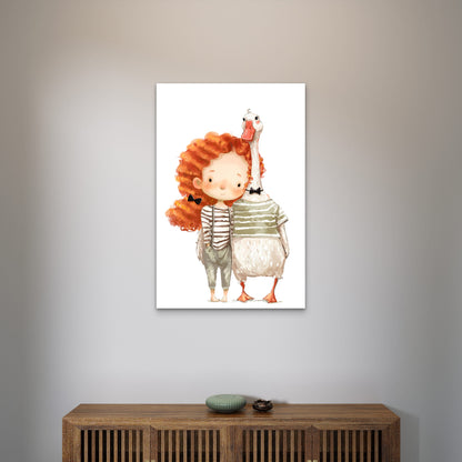 Red Hair Girl and Pet Goose 60x90cm Metal Print Ready to Hang - Bella Home Decor