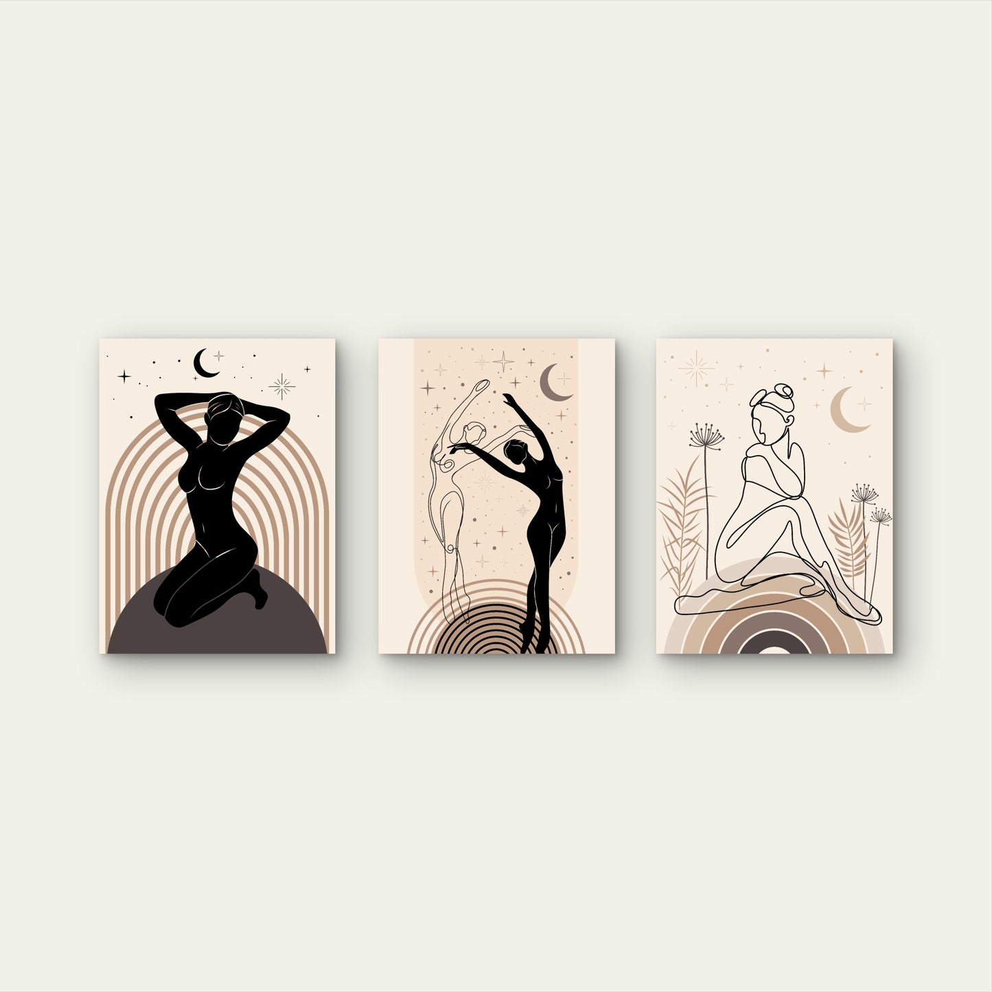 3pcs Boho Line Silhouette Moon Star Painting Wall Art Set Canvas Framed 40x60cm - High Quality Print 100% Australian Made Wall Canvas Ready to Hang