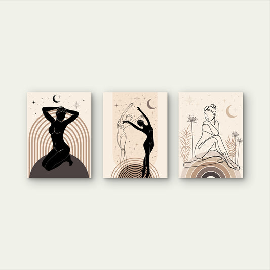 3pcs Boho Line Silhouette Moon Star Painting Wall Art Set Canvas Framed 40x60cm - High Quality Print 100% Australian Made Wall Canvas Ready to Hang