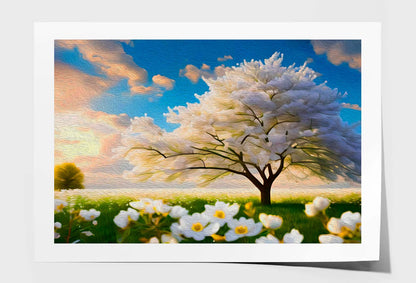 Abstract White Tree & Flower Wall Art Limited Edition High Quality Print