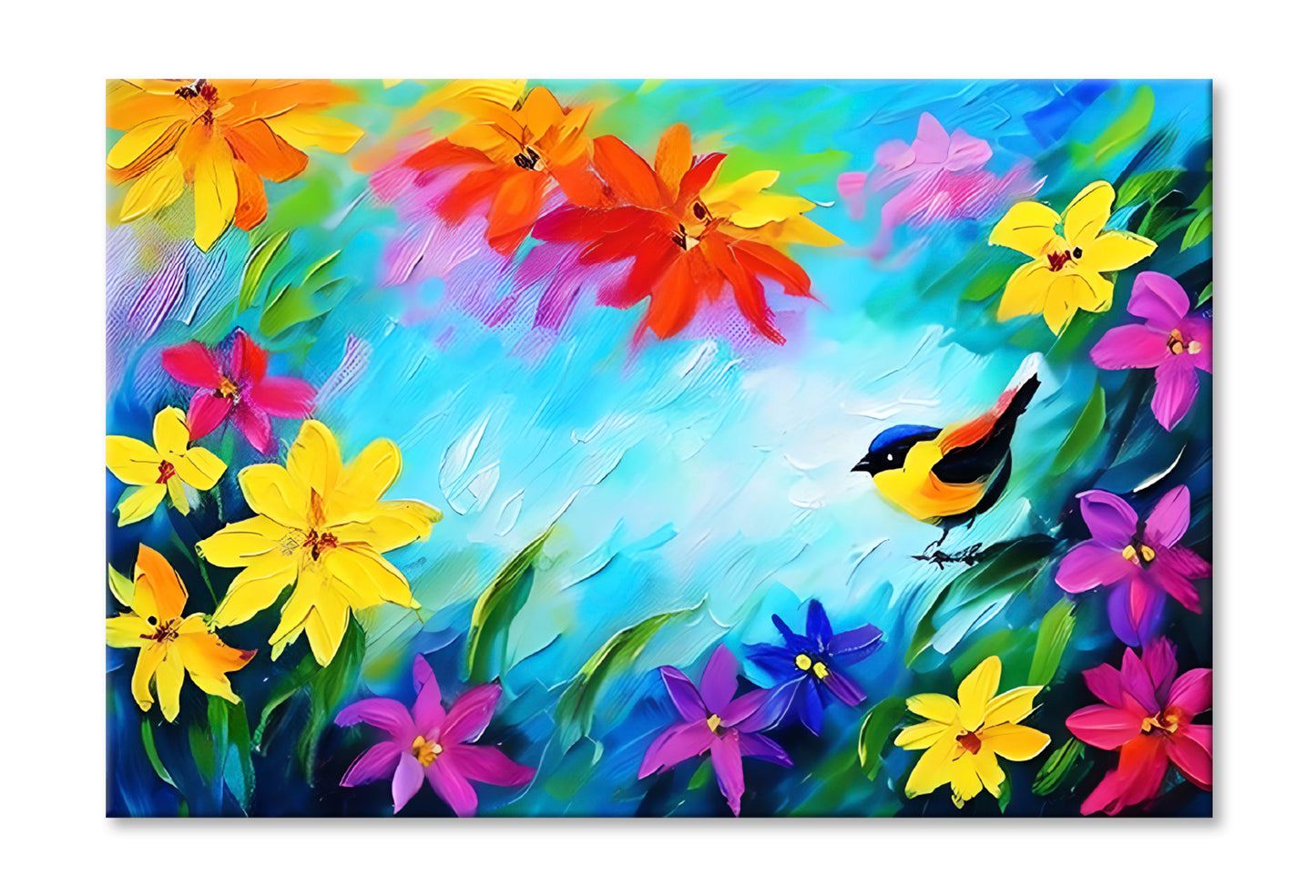 Bird & Spring Colorful Flowers Oil Painting Wall Art Limited Edition High Quality Print Stretched Canvas None