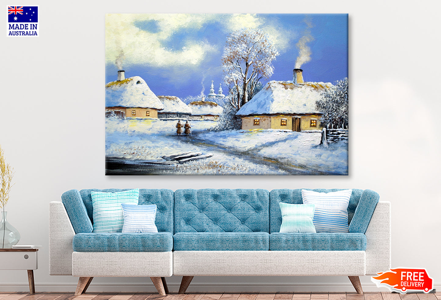 Old Village Houses & Church in Winter Oil Painting Wall Art Limited Edition High Quality Print