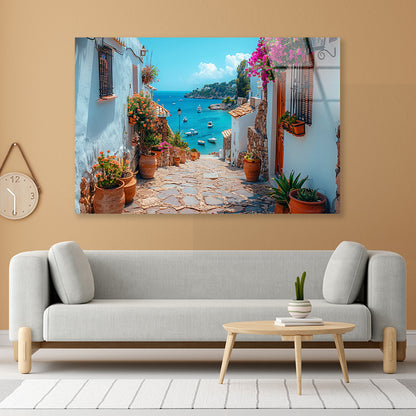 Stone Path with Potted Plants in Spain Acrylic Glass Print Tempered Glass Wall Art 100% Made in Australia Ready to Hang - Bella Home Decor