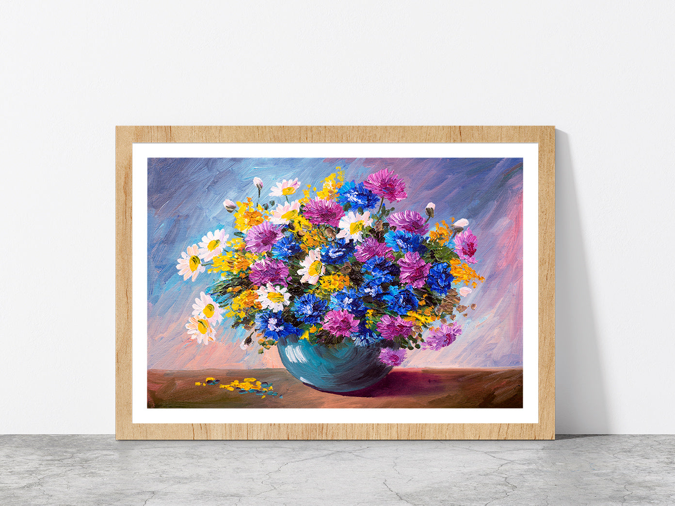 Bouquet Of Wildflowers Glass Framed Wall Art, Ready to Hang Quality Print With White Border Oak