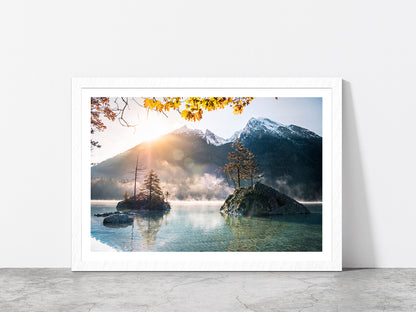 Islands At Hintersee Foggy Day Glass Framed Wall Art, Ready to Hang Quality Print With White Border White