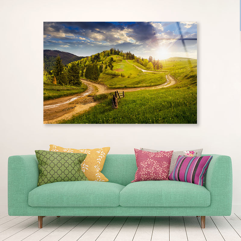 Cross Road on Hillside Acrylic Glass Print Tempered Glass Wall Art 100% Made in Australia Ready to Hang