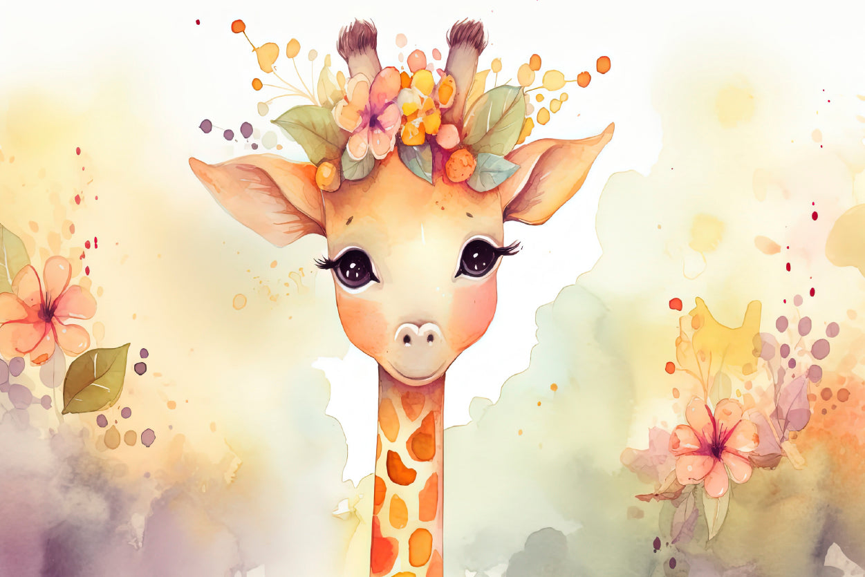 Baby Giraffe in Flower Blossom Garden Print 100% Australian Made - Bella Home Decor