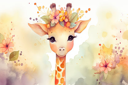 Baby Giraffe in Flower Blossom Garden Print 100% Australian Made - Bella Home Decor