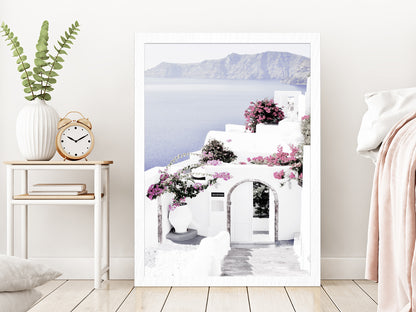 Houses & Flower Trees near Sea Photograph Glass Framed Wall Art, Ready to Hang Quality Print Without White Border White