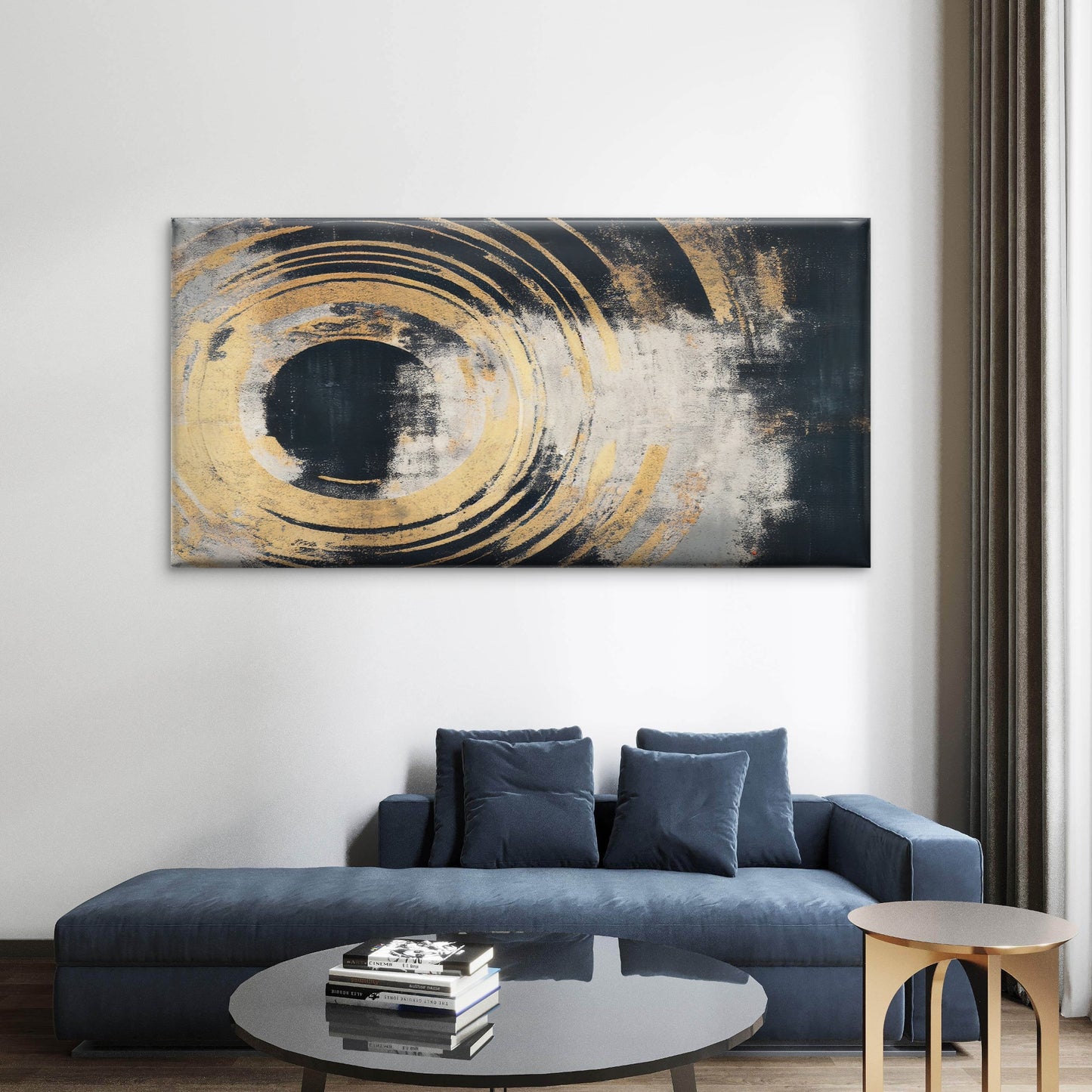 Gold Zen Circle Texture Wall Art Canvas Office Home Room Framed 120x60cm - Bella Home Decor