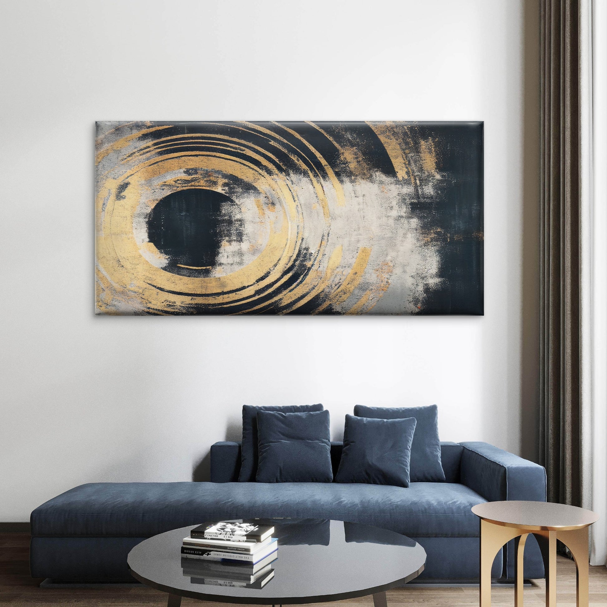Gold Zen Circle Texture Wall Art Canvas Office Home Room Framed 120x60cm - Bella Home Decor