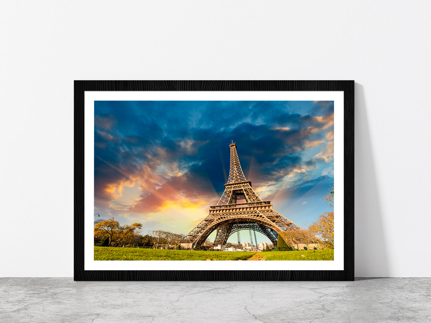 Eiffel Tower In Paris & Sunrise Glass Framed Wall Art, Ready to Hang Quality Print With White Border Black