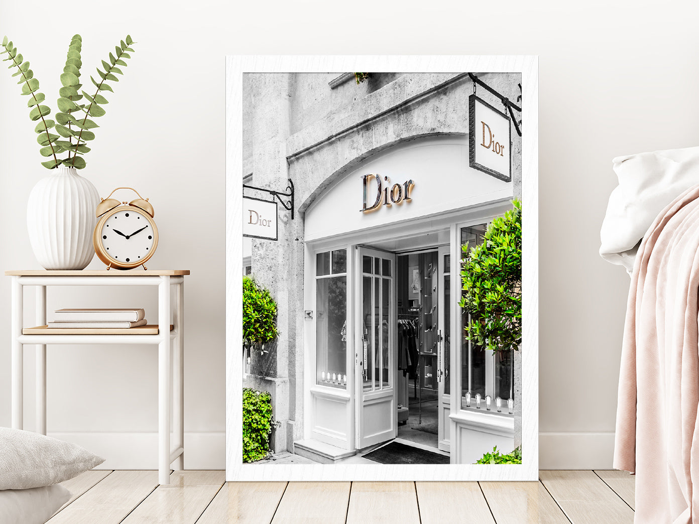 Fashion Store Front & Trees View Photograph Glass Framed Wall Art, Ready to Hang Quality Print Without White Border White