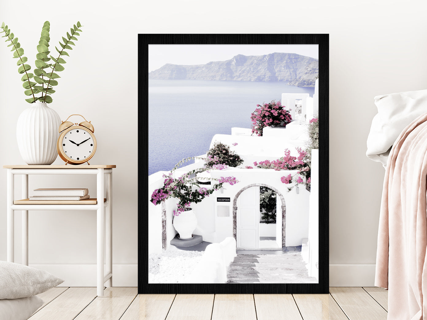 Houses & Flower Trees near Sea Photograph Glass Framed Wall Art, Ready to Hang Quality Print Without White Border Black