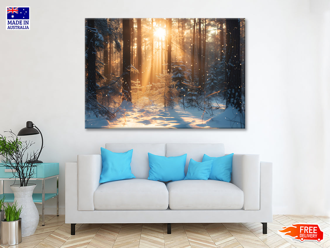 Snowy Forest with Trees through Sunlight Print 100% Australian Made - Bella Home Decor