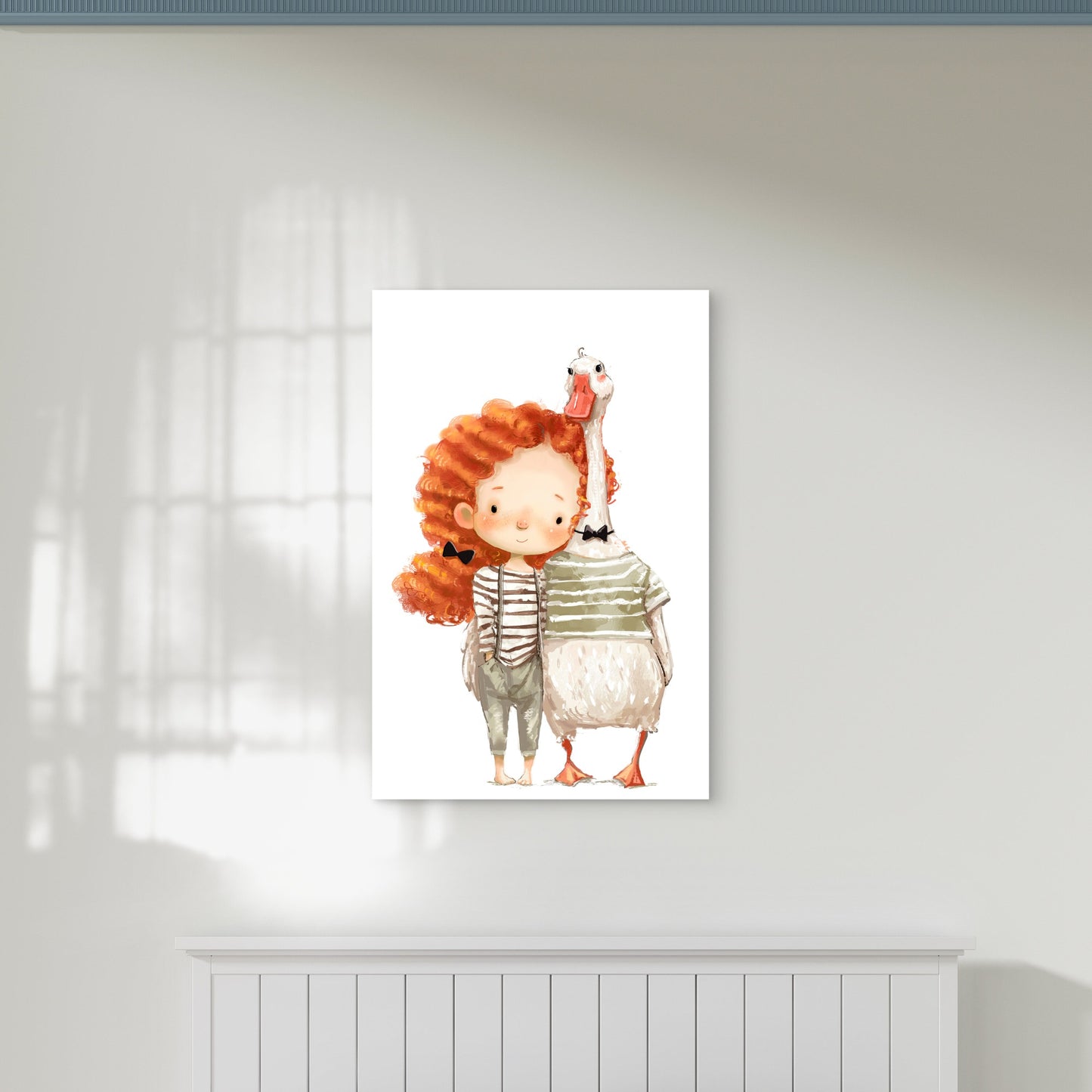 Red Hair Girl and Pet Goose 60x90cm Metal Print Ready to Hang - Bella Home Decor