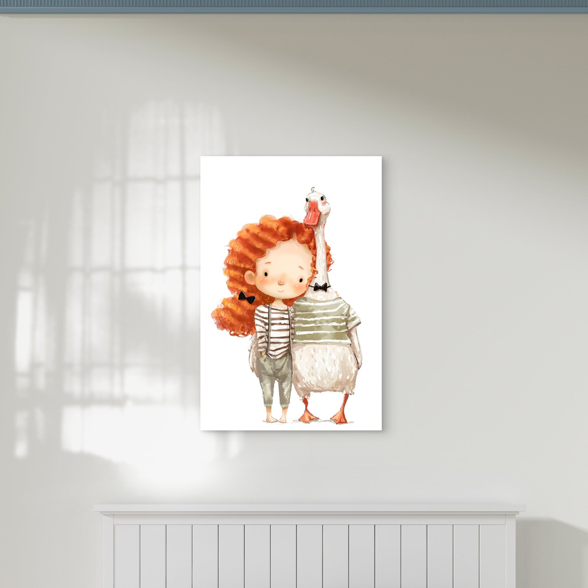 Red Hair Girl and Pet Goose 60x90cm Metal Print Ready to Hang - Bella Home Decor