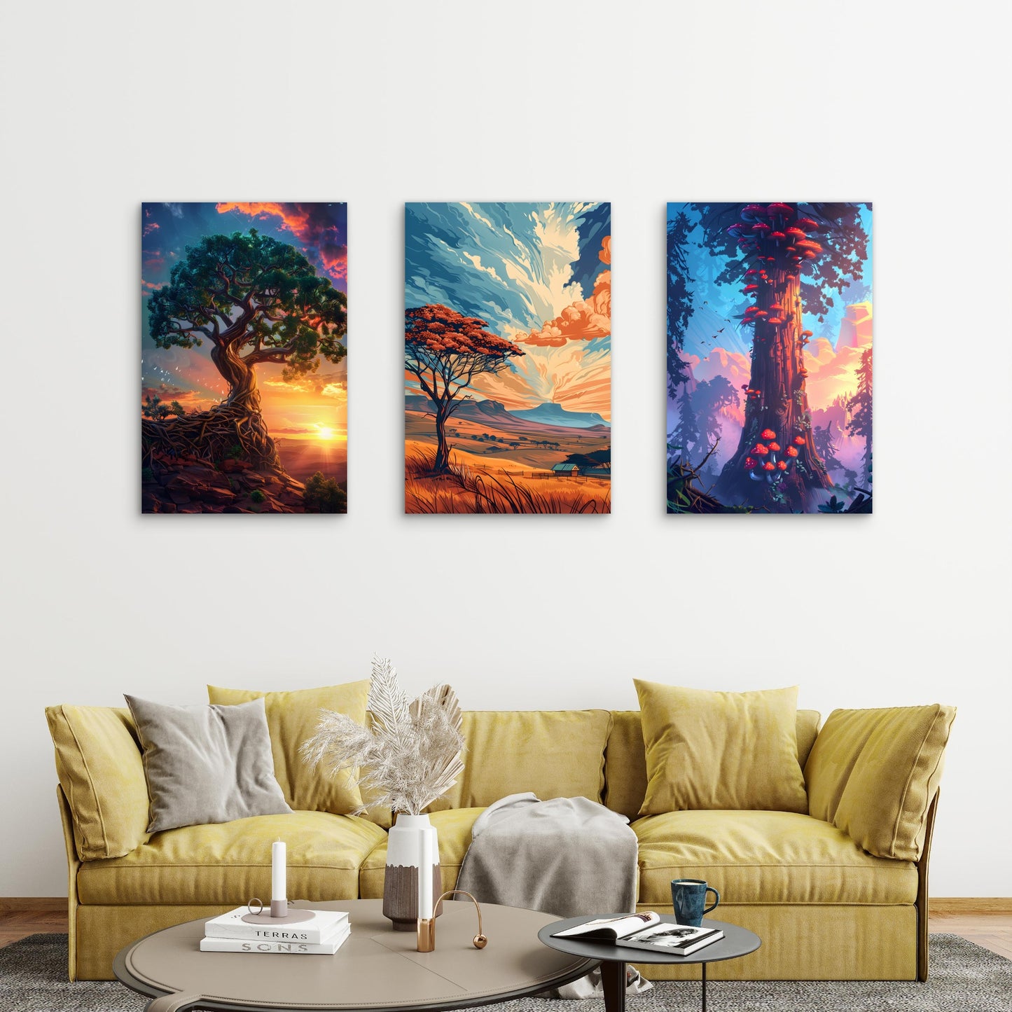3pcs Colorful Fantasy Forest Tree Sunset Wall Art Set Canvas Framed 40x60cm - High Quality Print 100% Australian Made Wall Canvas Ready to Hang