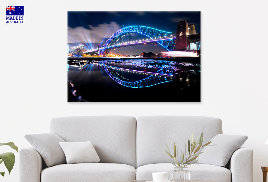Night View of Vivid Sydney Harbour Bridge Wall Art Decor 100% Australian Made