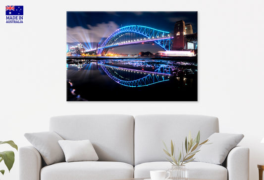 Night View of Vivid Sydney Harbour Bridge Wall Art Decor 100% Australian Made