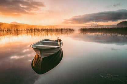 A lonely rowboat rests at sunrise on Finnsjön, Sweden  Wall Art Decor 100% Australian Made
