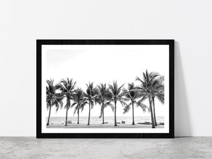 B&W Palm Trees near Beach Photograph Glass Framed Wall Art, Ready to Hang Quality Print With White Border Black