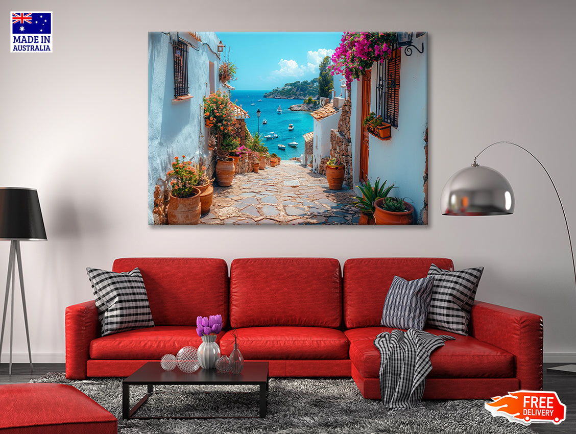 Stone Path with Potted Plants in Spain Print 100% Australian Made - Bella Home Decor