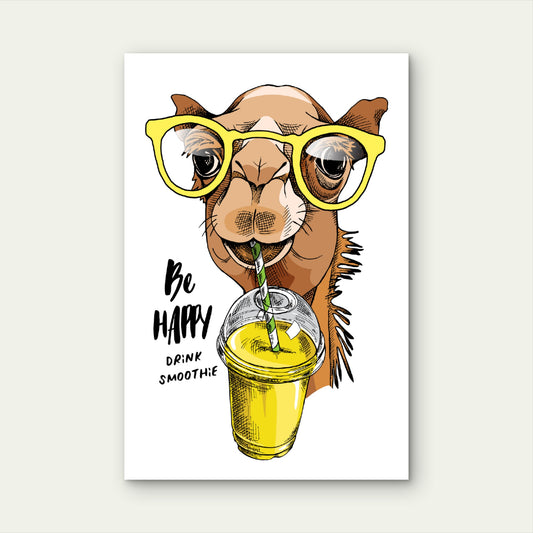 Happy Camel Yellow Glasses Smoothie 60x90cm Metal Print Ready to Hang