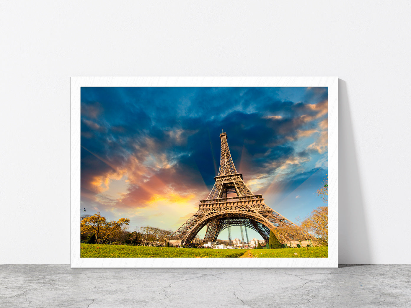 Eiffel Tower In Paris & Sunrise Glass Framed Wall Art, Ready to Hang Quality Print Without White Border White