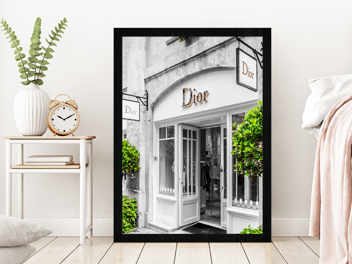 Fashion Store Front & Trees View Photograph Glass Framed Wall Art, Ready to Hang Quality Print Without White Border Black