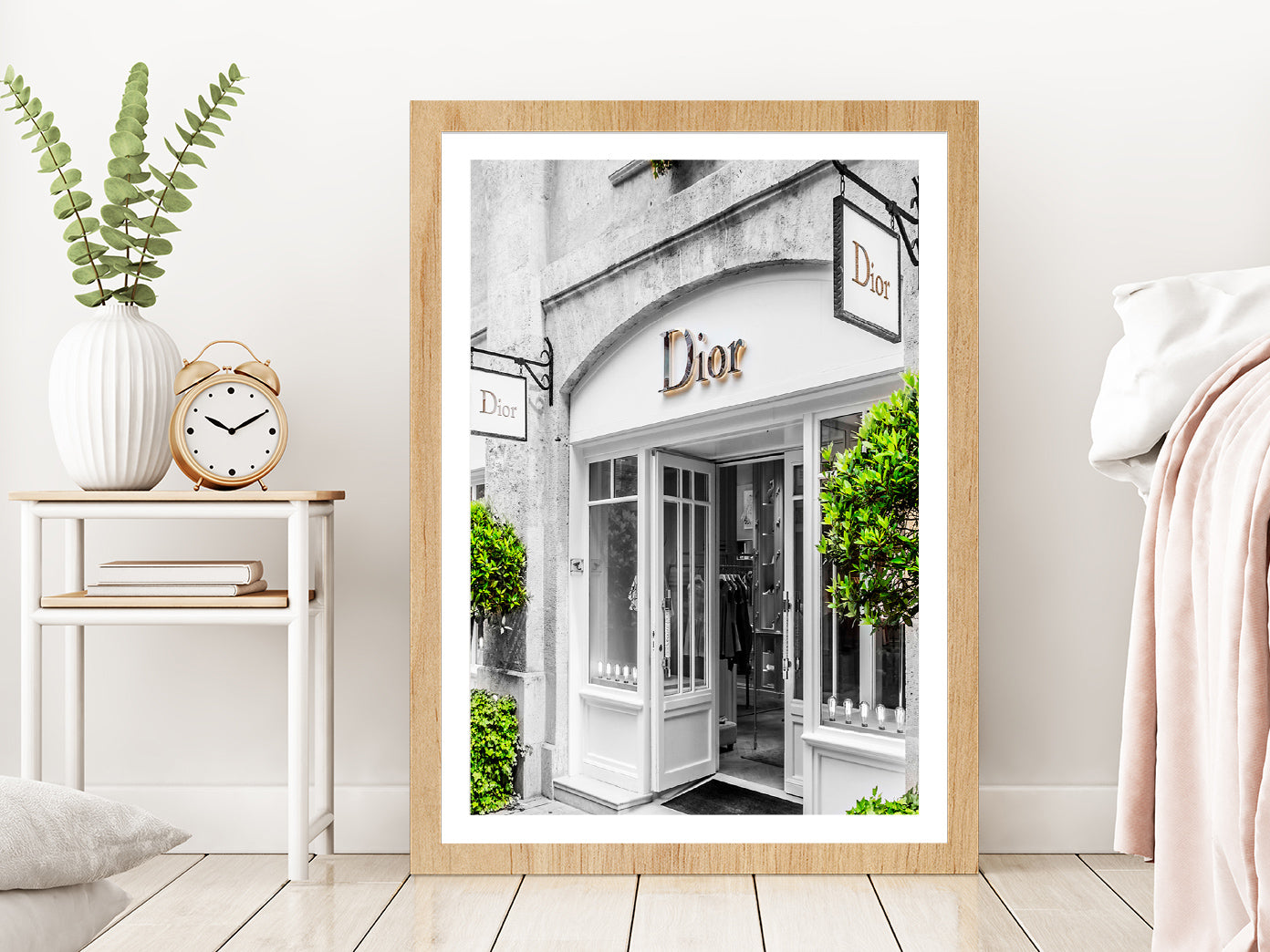 Fashion Store Front & Trees View Photograph Glass Framed Wall Art, Ready to Hang Quality Print With White Border Oak