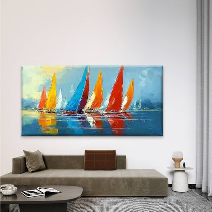 Vibrant Sailboats on The Ocean Wall Art Canvas Office Home Room Framed 120x60cm