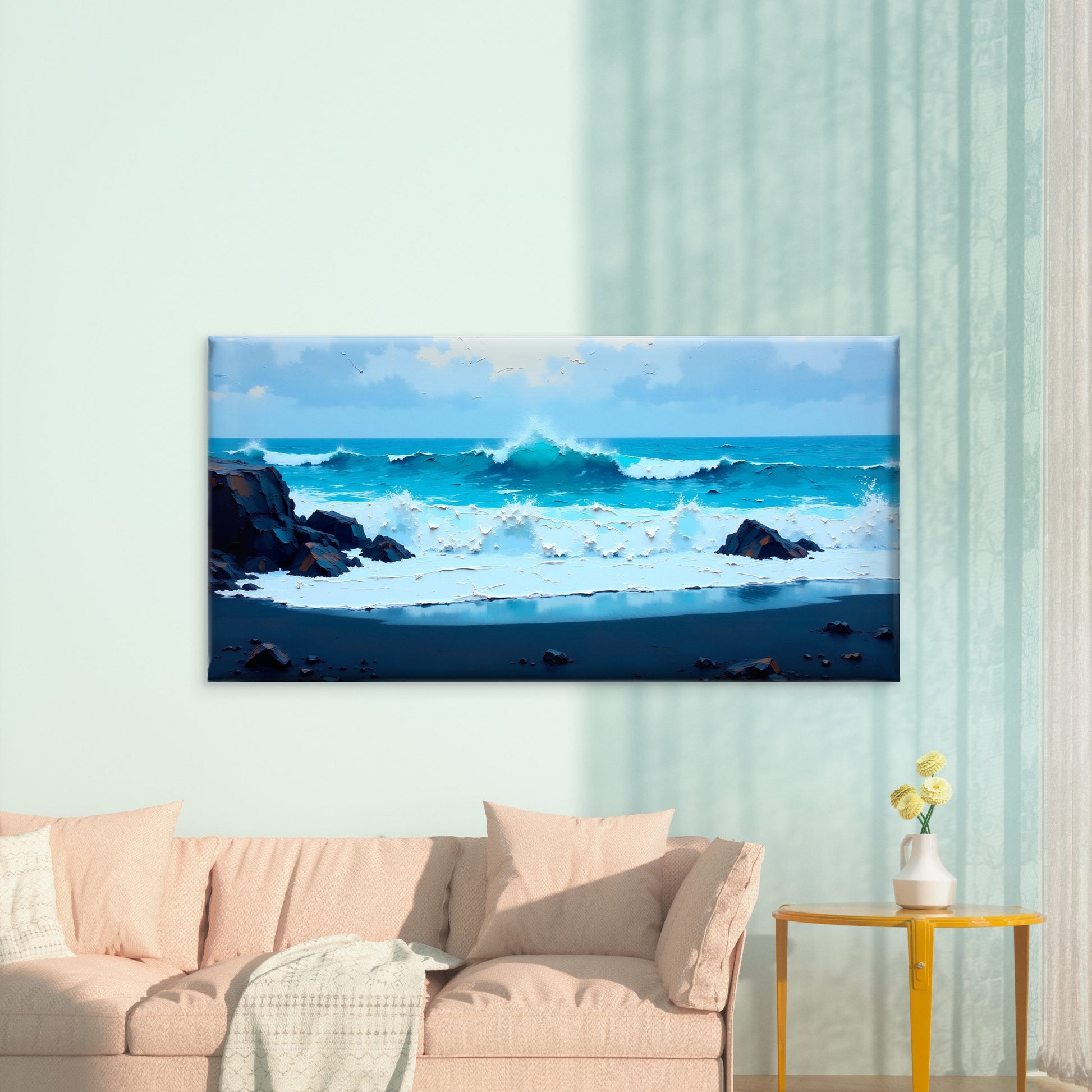 Crashing Azure Ocean Waves Wall Art Canvas Office Home Room Framed 120x60cm - Bella Home Decor