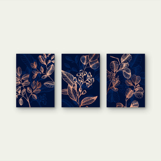 3pcs Native Eucalyptus Leaves Navy Rose Gold  Wall Art Set Canvas Framed 40x60cm - High Quality Print 100% Australian Made Wall Canvas Ready to Hang